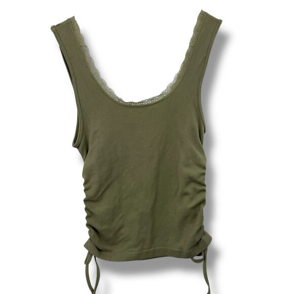 NEW Planet Heart Sage Green Ribbed Tank Top Size Medium Cinched Side Lace Trim - Picture 4 of 6